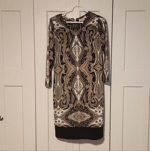 Michael Kors Black and Cream Paisley 3/4 Length Sleeve Dress